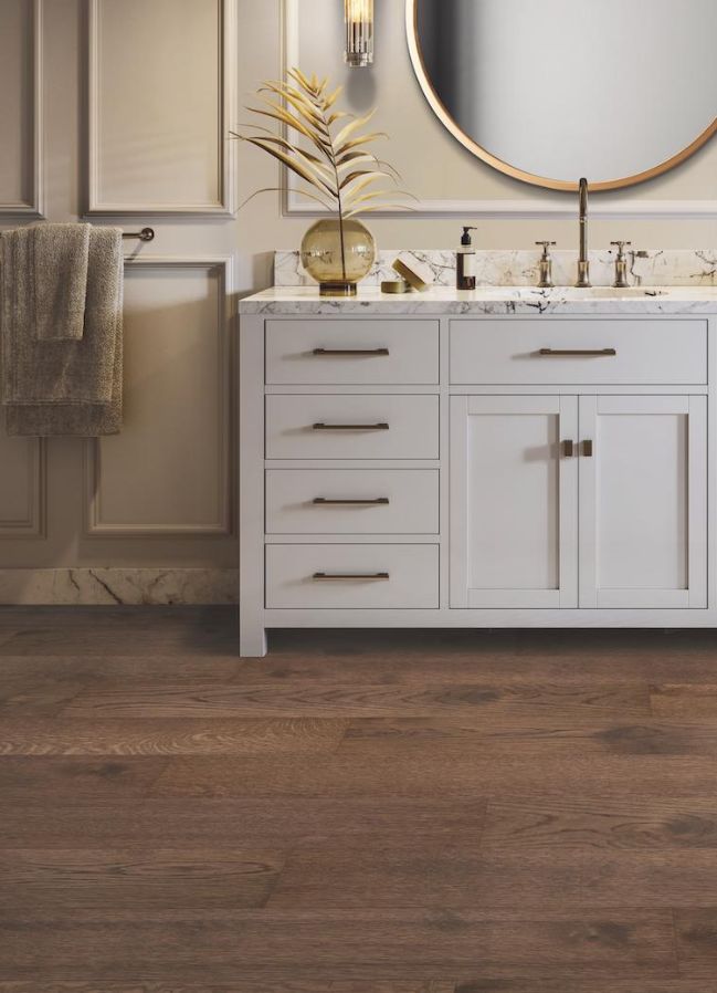 bathroom vanity countertop with dark stained hardwood floors