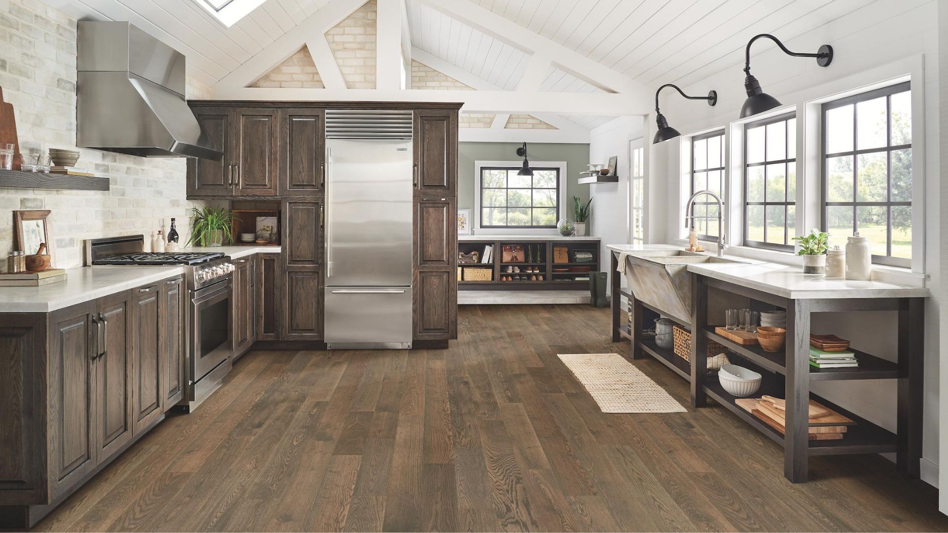 hardwood flooring in a bright rustic kitchen